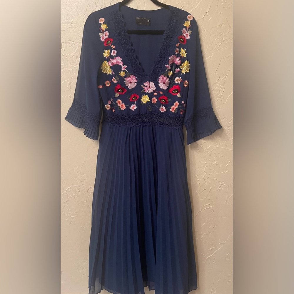 Floral Embroidered Navy Dress. Perfect for Wedding Guest. Sheer midriff. - Picture 1 of 7